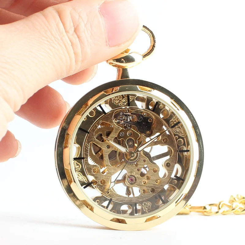 Golden Luxury Skull Breeze Special Modeling Mechanical Pocket Watch Retro Gear Steampunk Fob Men's Clock with Chain