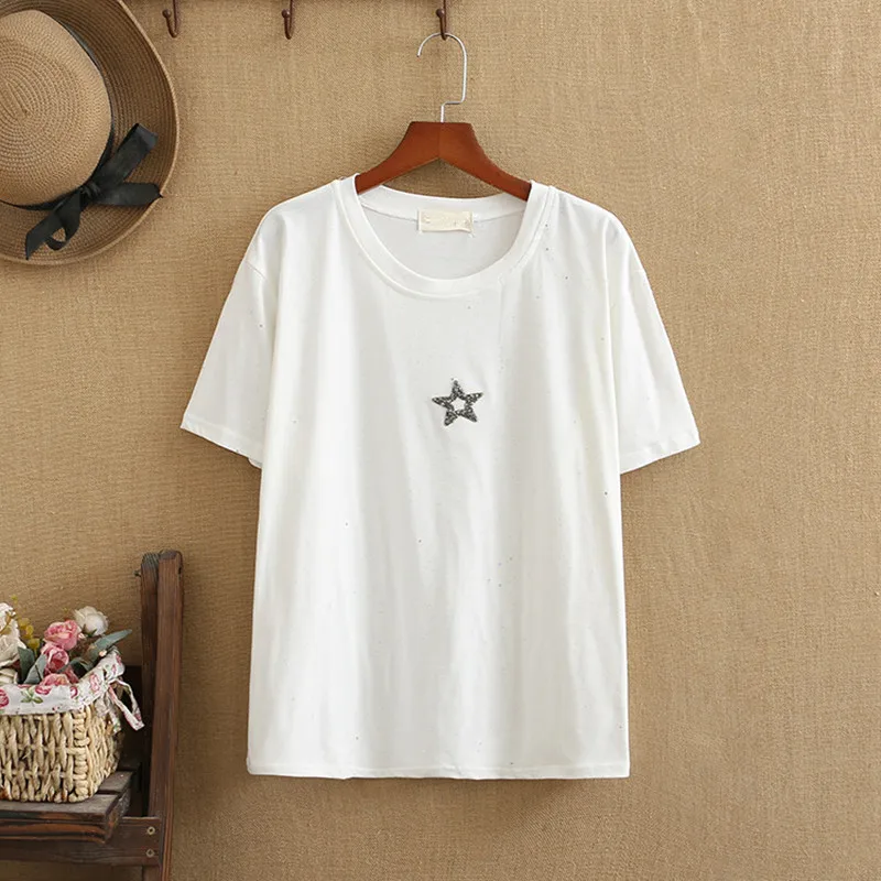 

Plus Size T Shirts Summer Tops O-Neck Thin Cotton Stretch Knitted The Thing Is Sequined Pentagram Trinkets Short Sleeve T Shirt