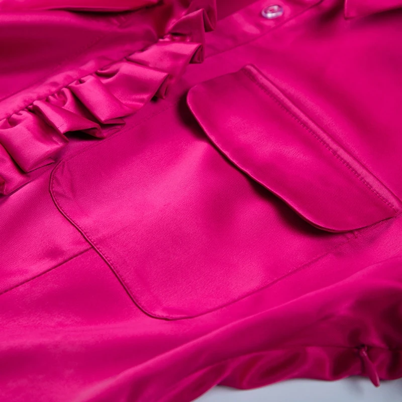 

Dresses For Women 2021 Fashion Lantern Long Sleeve Stain Mini Dress Rose Red Color Elegant Y2k Clothes Ruffles Turn Down Collar