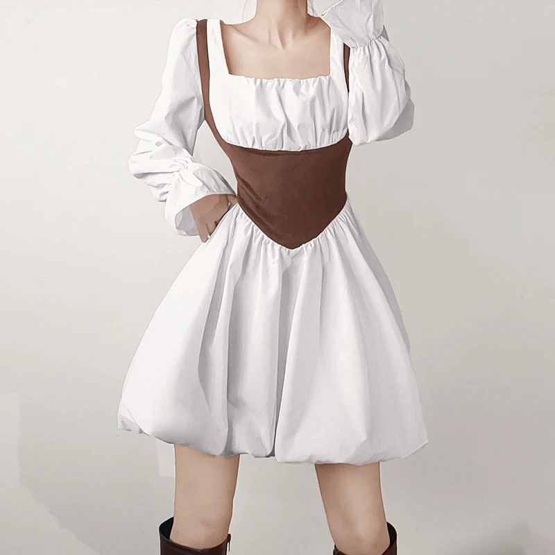 

Женское весенне-осеннее милое стильное платье контрастных цветов с вышивкой из двух частей с длинными рукавами пушистые трапециевидные пл...