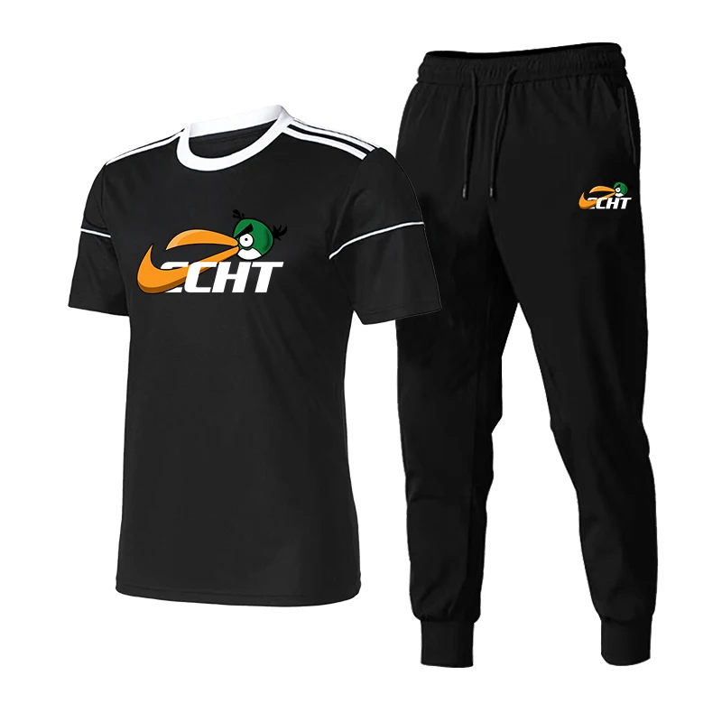 

2021 Summer New Striped Round Neck T-Shirt+Sports Thin Trousers 2-Piece Set Fashion Casual Hip-Hop Street Men's And Women's Suit