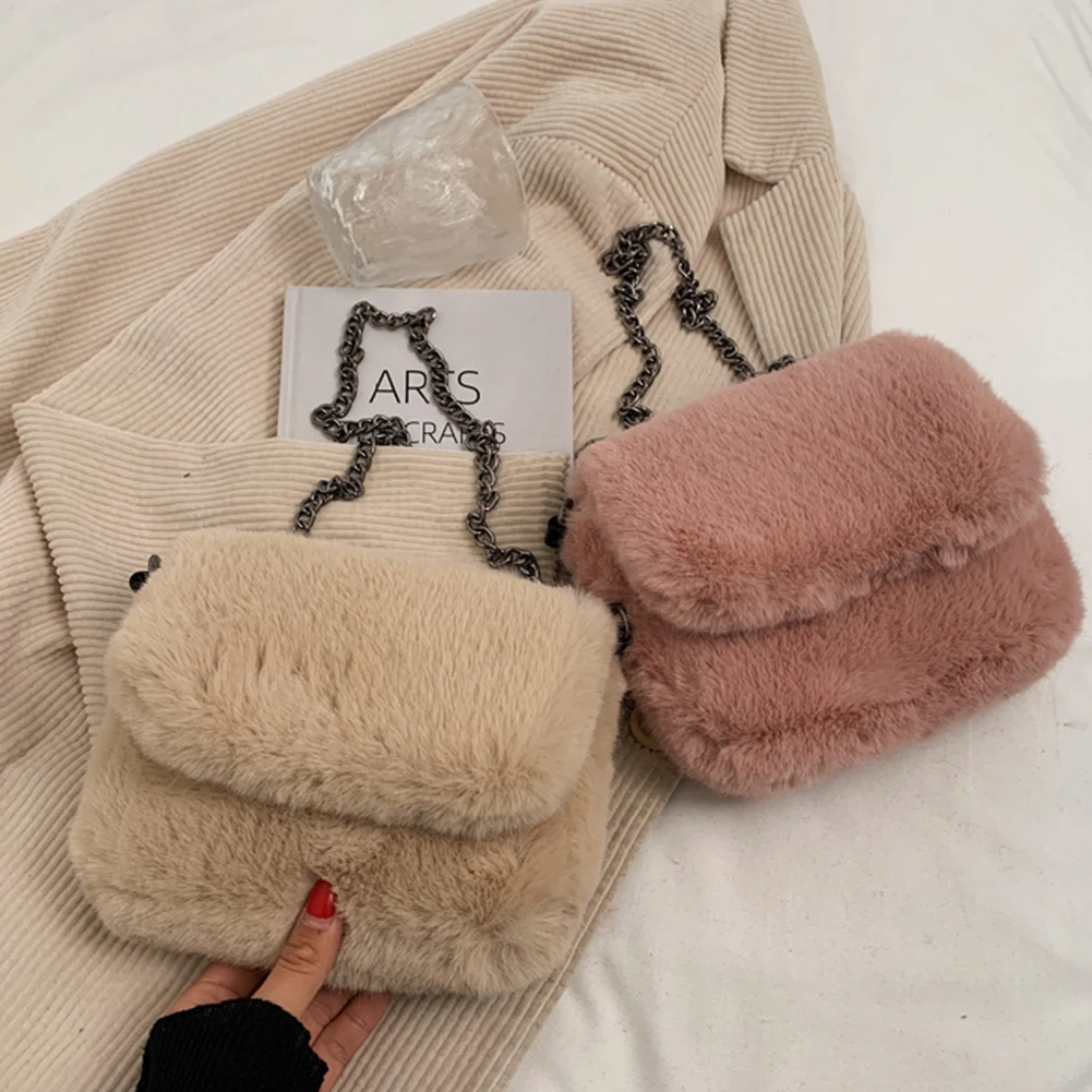 

Женские модные однотонные сумки через плечо, Осень-зима, на цепочке, плюшевые зимние мягкие маленькие милые женские сумки