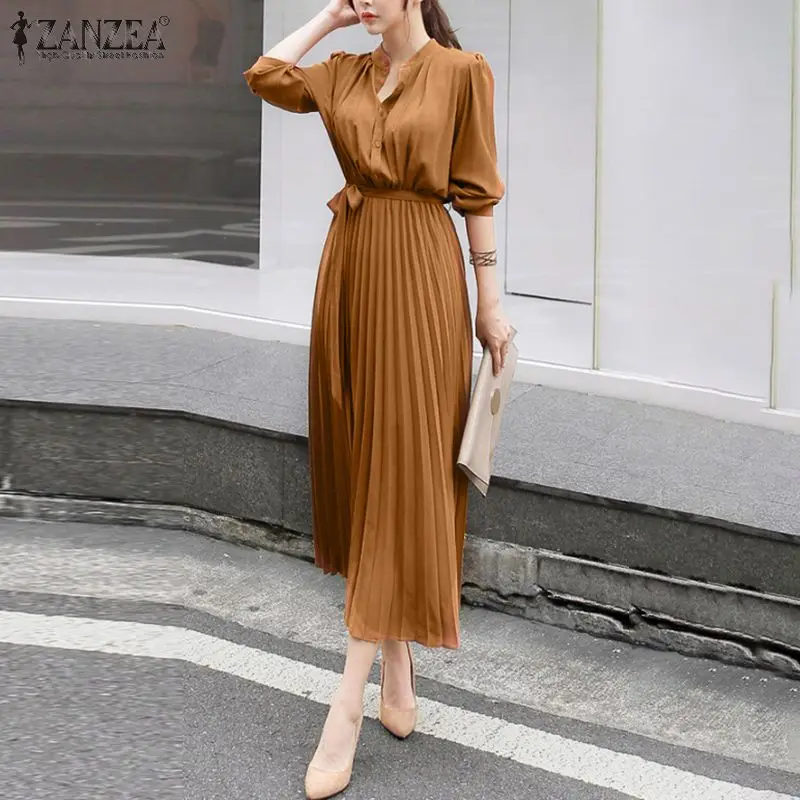 

ZANZEA Autumn Vintage Pleated Women Long Dress Long Sleeve Street Maxi Sundress With Belt Femme O-Neck Casual Vestido Oversized