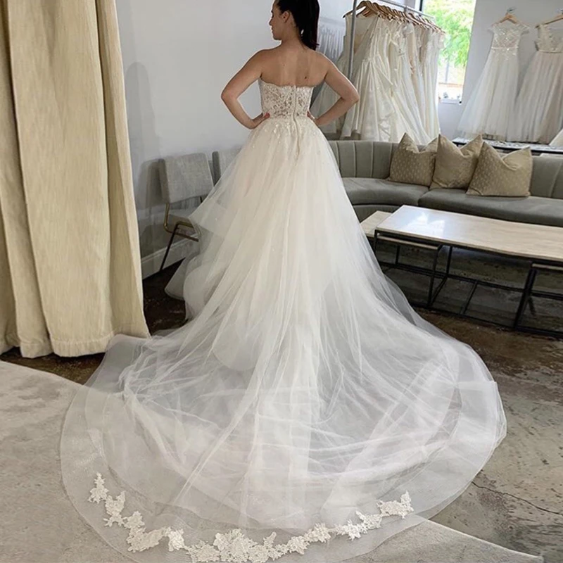 

Lover Kiss Beach Wedding Dress Strapless Backless Lace vestidos de noiva Plus Size Tulle Long Train Boho trouwjurk for women