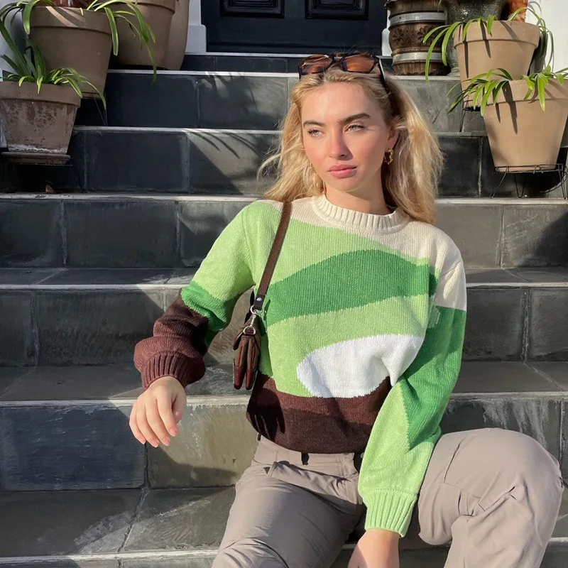 

Fashion Casual Winter Long Sleeve Retro Patchwork O Neck Knitted Sweater Loose Tops Classic Soft Thin Pullovers Knitwear