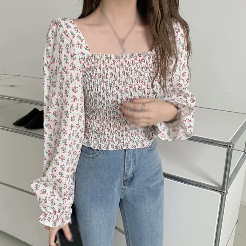 

ETOSELL Women Floral Print Blouses Female Shirt Long Sleeve Chiffon Blouse Tops