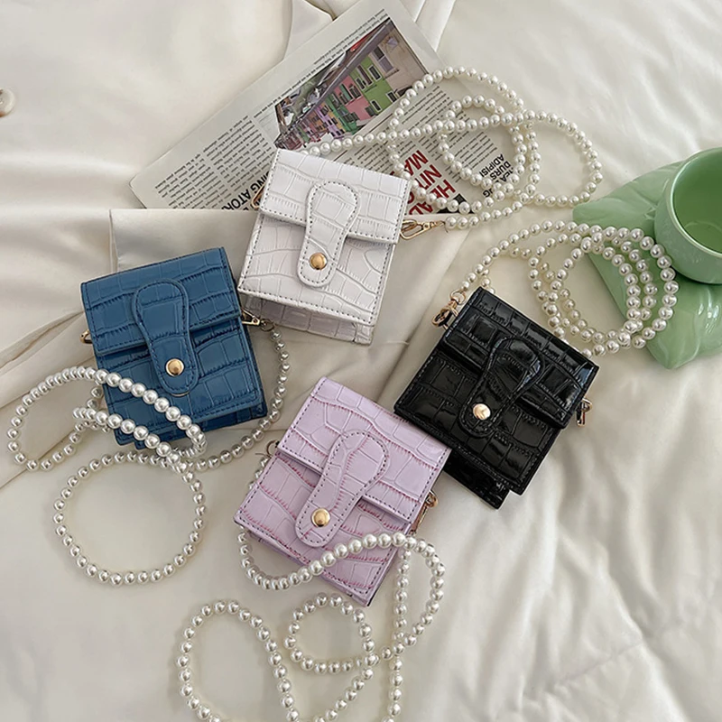 

Fashion Pearl Chain Messenger Bag Women Vintage Stone Pattern Square Woman Shoulder Bag High Quality Pu Women's Crossbody Bags
