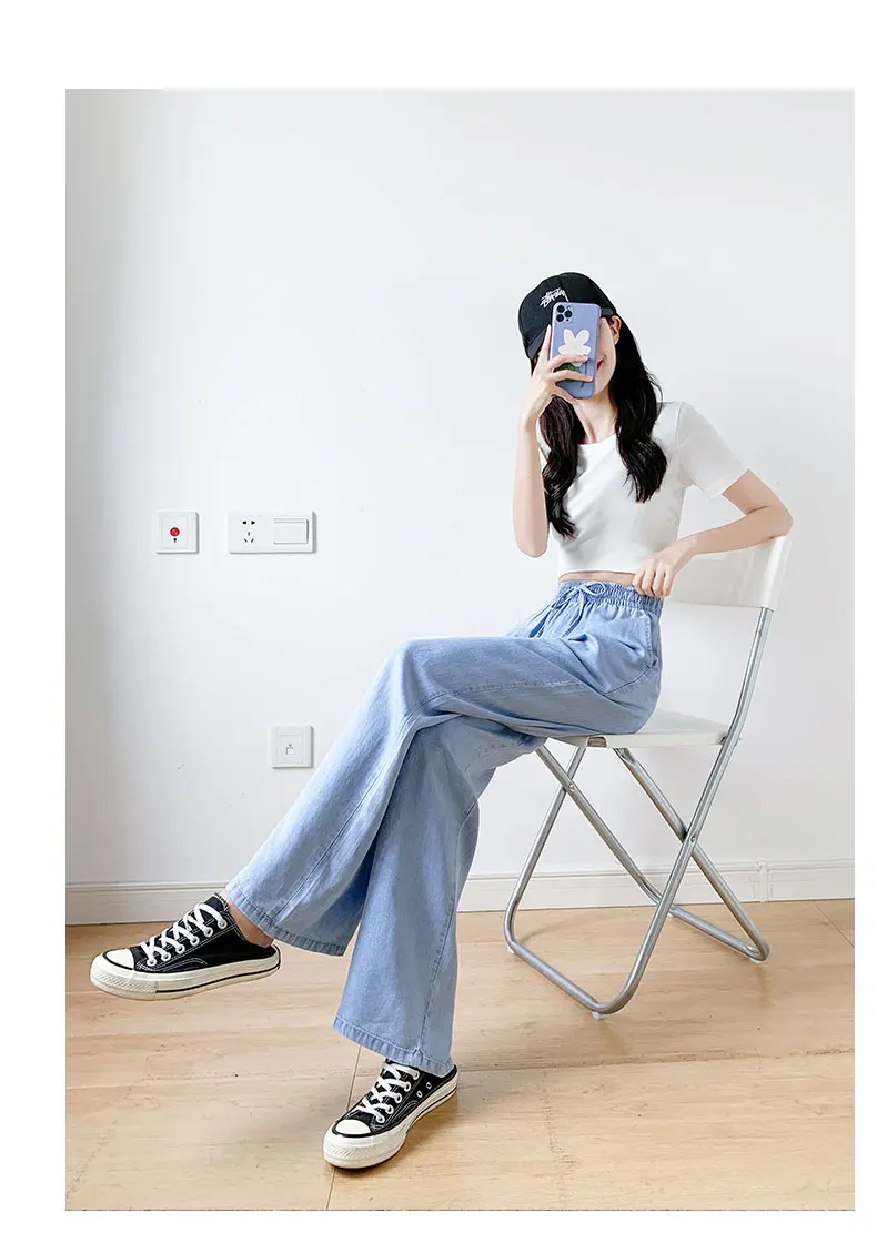 

Tencel Elastic Jeans for Women 2021 New High Waist Drooping Straight Loose Ice Silk Wide Leg Summer Thin