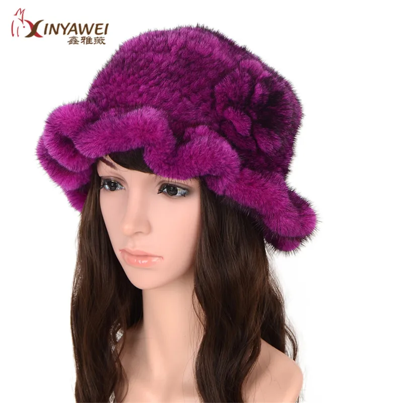 

Fashionable High Quality Reliance China Supplier Wide Varieties Knitted Mink Fur Hat Dark Blue Women Hat With Real Fur Fur Hat