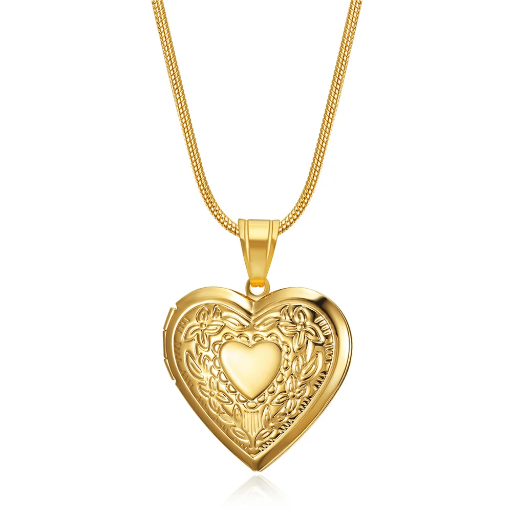 

Unique Carved Design Photo Frame Charm Pendant Necklace Openable Gold Color Heart Locket Necklaces Women Men Jewelry