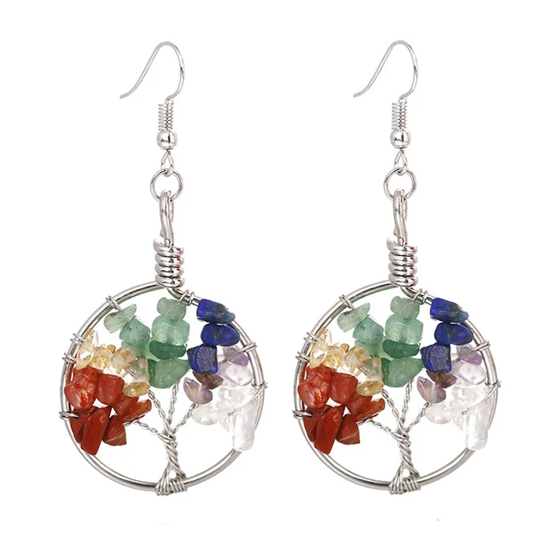 

Seven Chakra Natural Stone Crystal tree of life Earrings for Women Healing Dangle Earings Fashion Jewelry Wholesale