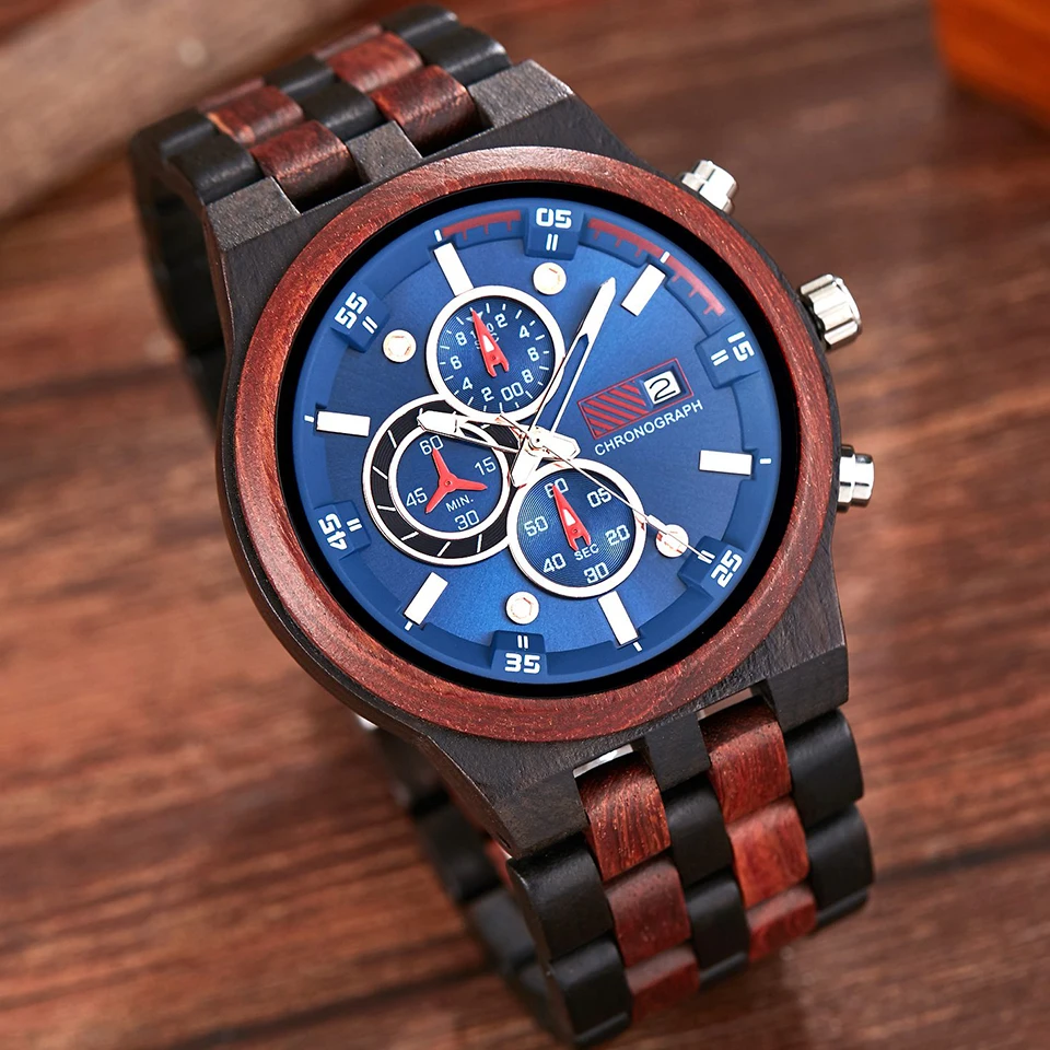Роскошные мужские деревянные часы с 6 контактным кварцевым хронографом