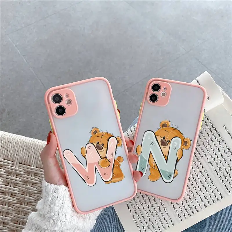 

Luxury bear letters Phone Case For iPhone 12 11 Mini Pro XR XS Max 7 8 Plus X Matte transparent Pink Back Cover