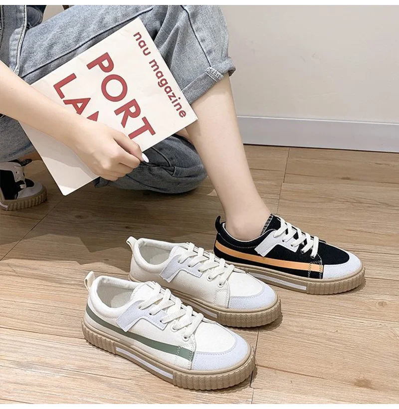

New Female Flat Shoes Women's Round Toe Lace Up Shoes Women Vulcanized Ladies Canvas Casual Footwear