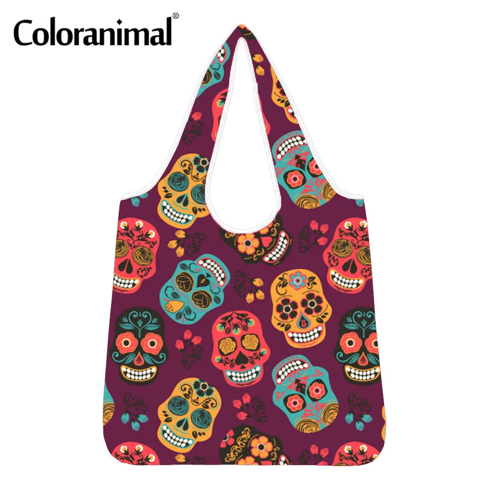 

Coloranima Large Capacity Women Shopper Bag Gothic Sugar Skull Pattern Ladies Grocery Bag Foldable Shoulder Eco-Friendly Bag Hot