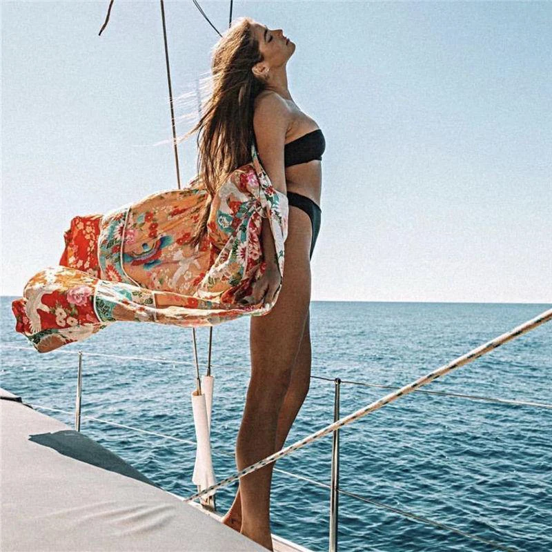 Summer Women Floral Swim Cover-Ups Female Boho Beach Cover Up Bathing Long Tunic Sexy Bikini Cover Up Dress 