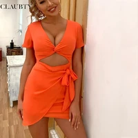 2021 summer sexy polyester sundress peekaboo twist front wrap knot ruffle hem woman clothing beach solid color dress for female