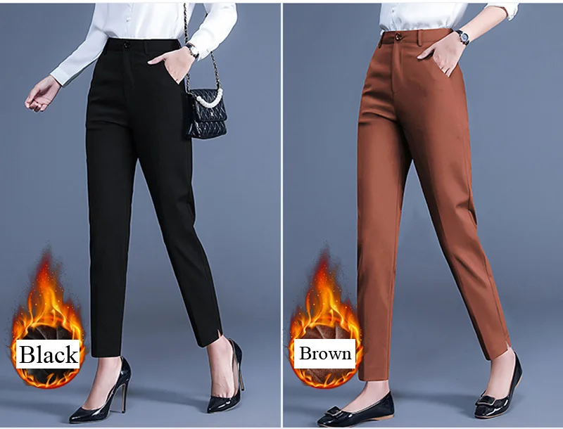 Размера плюс 4XL 3xl-M сезон осень-зима; брюки-карандаш на толстой подкладке длинные штаны теплые коричневый, черный вставным карманом брюки Для женщин брюки