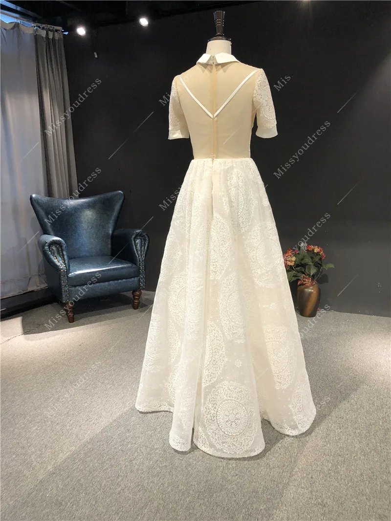 2021 Newest High Quality Real Sample Ivory Lace High NIeck Short Sleeves A-line Transparent Back Floor Length Wedding Dress