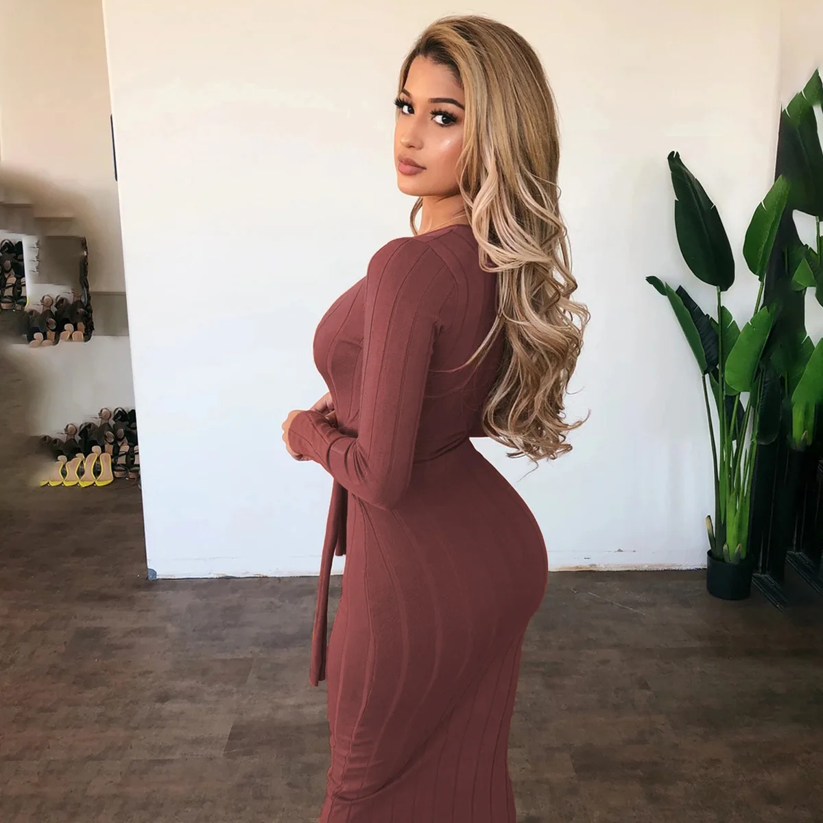 

Women's Long-Sleeved Sunken Stripe Slim-Fit Dress