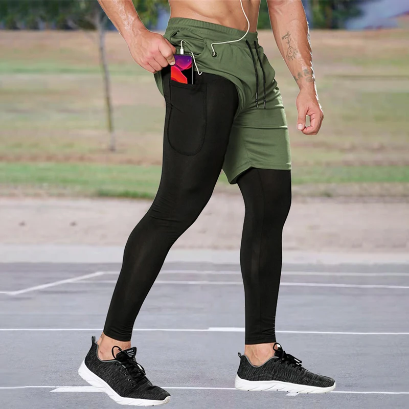 

Men Running 2 In 1 Sweatpants Quick Dry New Training Gym Leggings Workout Fitness Tights Men's Compression Sports Jogger Pants