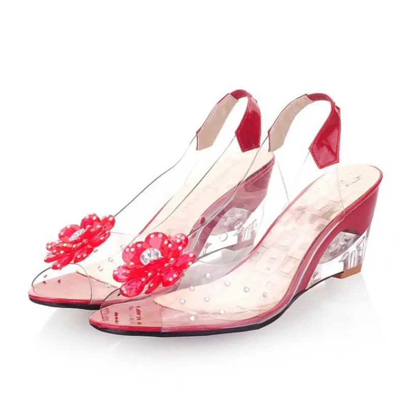 Прозрачные женские босоножки на танкетке Летняя обувь высоком каблуке сандалии