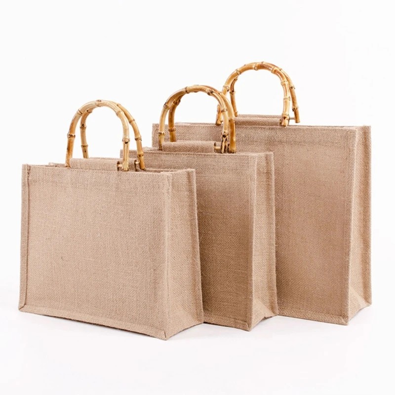 

Portable Burlap Jute Shopping Bag Handbag Bamboo Loop Handles Reusable Tote Grocery Bags for Women Girls 066F