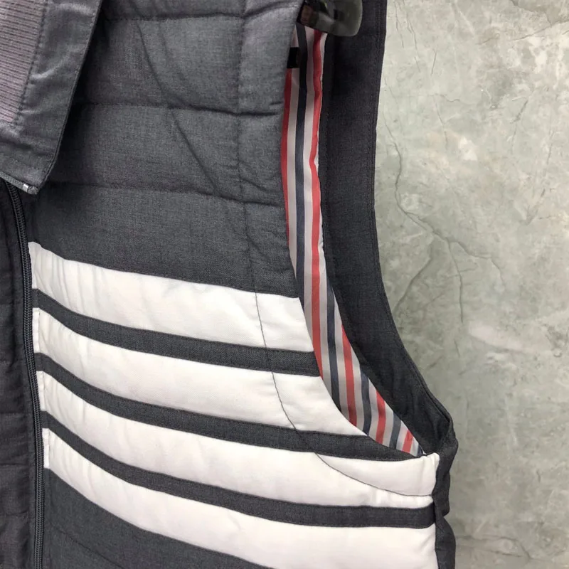 TB THOM Men's Winter Jackets Fashion Brand Down Jacket Men Gray Thermal Vest Matte Cotton Chest White 4-Bar Lapel Down Coats