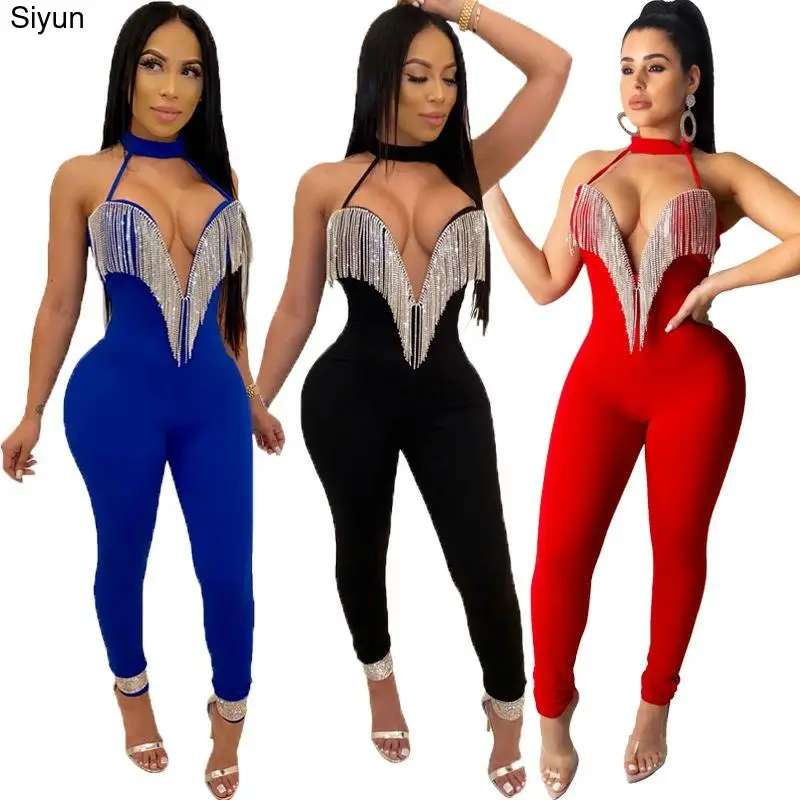 

Siyun New Backless Sexy Jumpsuit Women Fashion 2020 Nightclub Party Crystal Slingtight-fitting Jumpsuit For Women