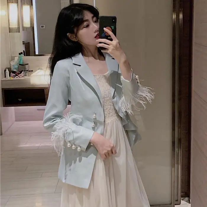 Pearl Button Feather Cuff Blazer Suit Women Outfit Single Breasted Long Sleeve Luxury Coat |