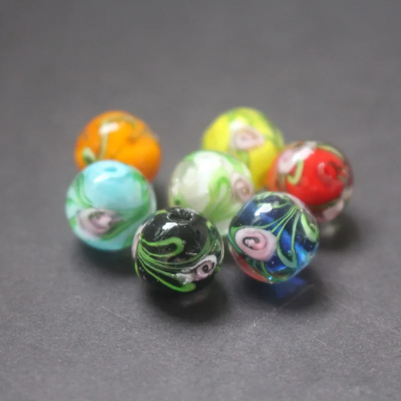 Стеклянные бусины ручной работы 12 мм 10 шт. цветок с зеленым листом смешанные