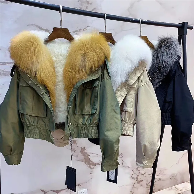 waterproof bomber jacket big red fox fur hood winter jacket women parka thick warm natural real wool fur lining coat army green