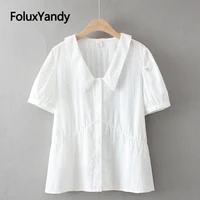 white short sleeve shirt plus size casual turn down collar women summer blouse chemise 3xl 4xl 5xl kkfy5418