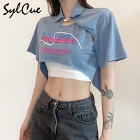 sylcue summer sweet and cool girl personality chain letter print irregular short sleeved t shirt with corset 2two set women