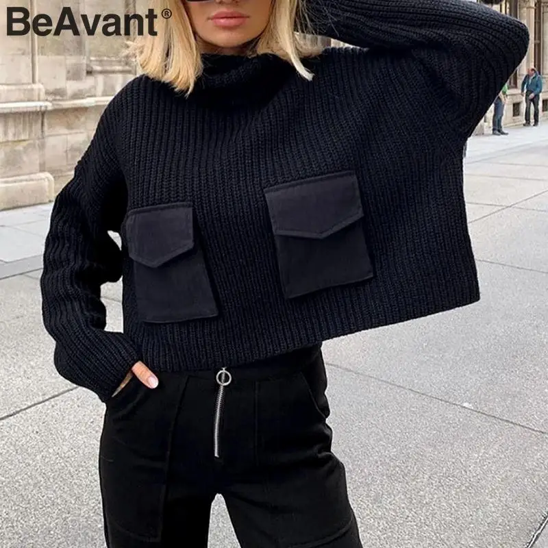 BeAvant водолазка с короткими рукавами для женщин Лоскутные Карманы Осень Зима