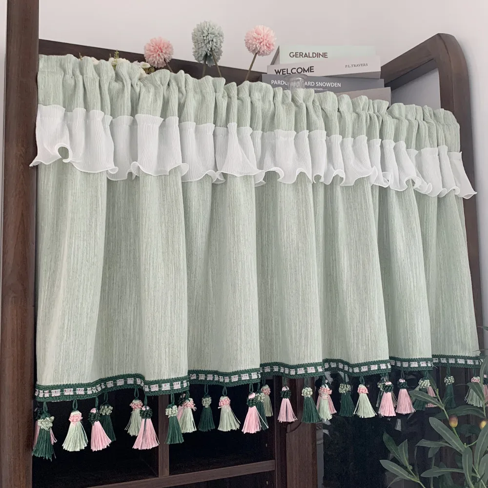 Korean Pastoral Striped Short curtain for Bar Kitchen Cabinet Door Pendant Tassel Hem Half Curtain Bay Window Partition | Дом и сад