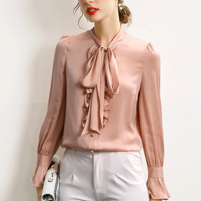

Женская рубашка из 92.3% шелка и 7.7% спандекса, Элегантная модная блузка со шнуровкой, воротником-бантом и длинными рукавами, оборками, топы