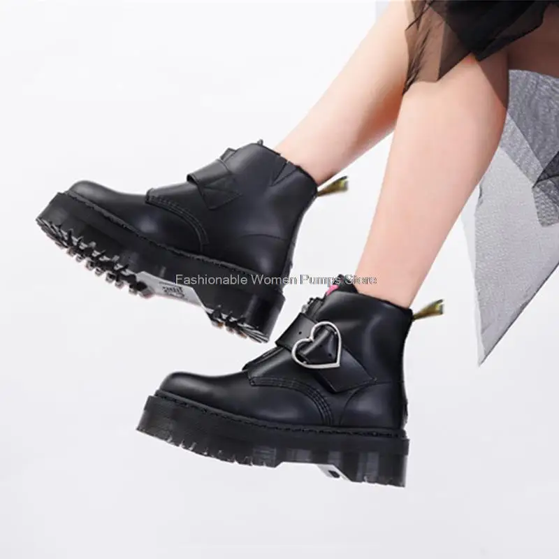 

Punk Women Boots Black Platform Leather Heart Decro Buckle Zip Fashion Short Boots Female Casual Shoes For Girl Motorcycle Boots
