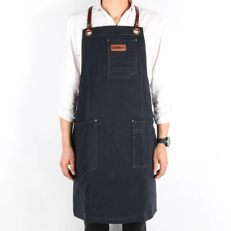 

WEEYI Canvas Bib Leather Chef Kitchen Apron Women Men Barista Bartender Pockets Home Barber Coffee Restaurant Potective pinafore