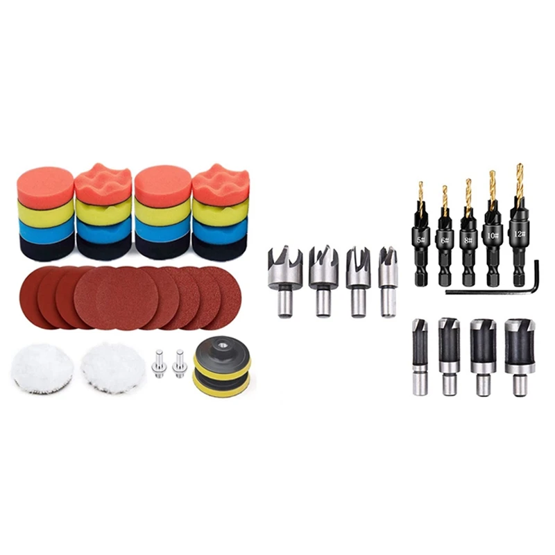 

1set Polishing Pad Kit, Car Foam Drill Bit Polishing Pad & 14Pc Countersink Drill Bit Wood Plug Cutter Carpentry