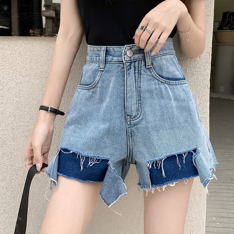 

Large Size 4XL Color-Hit Casual Summer Ripped Tassel Denim Shorts Women High Waist Loose Pockets Female Jeans Shorts Streetwear