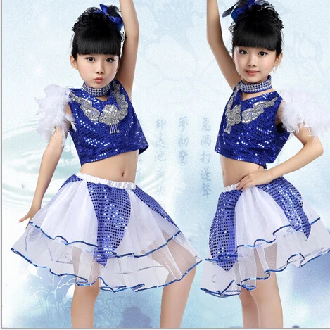 

Детские танцевальные костюмы с блестками, модный синий топ и юбка, костюмы для джазовых и современных танцев в стиле хип-хоп, уличные сценич...