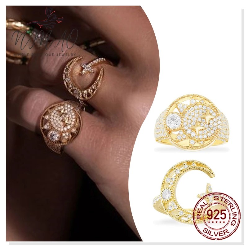 

925 Sterling Silver Zircon Star Moon Series Ring Gold Color New Fashion Exquisite Temperament Small Holiday Gift High Quality