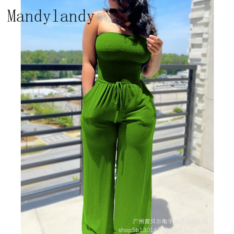 

Комбинезоны Mandylandy без бретелек, однотонные облегающие комбинезоны с высокой талией, карманами и широкими штанинами, женские эластичные пли...