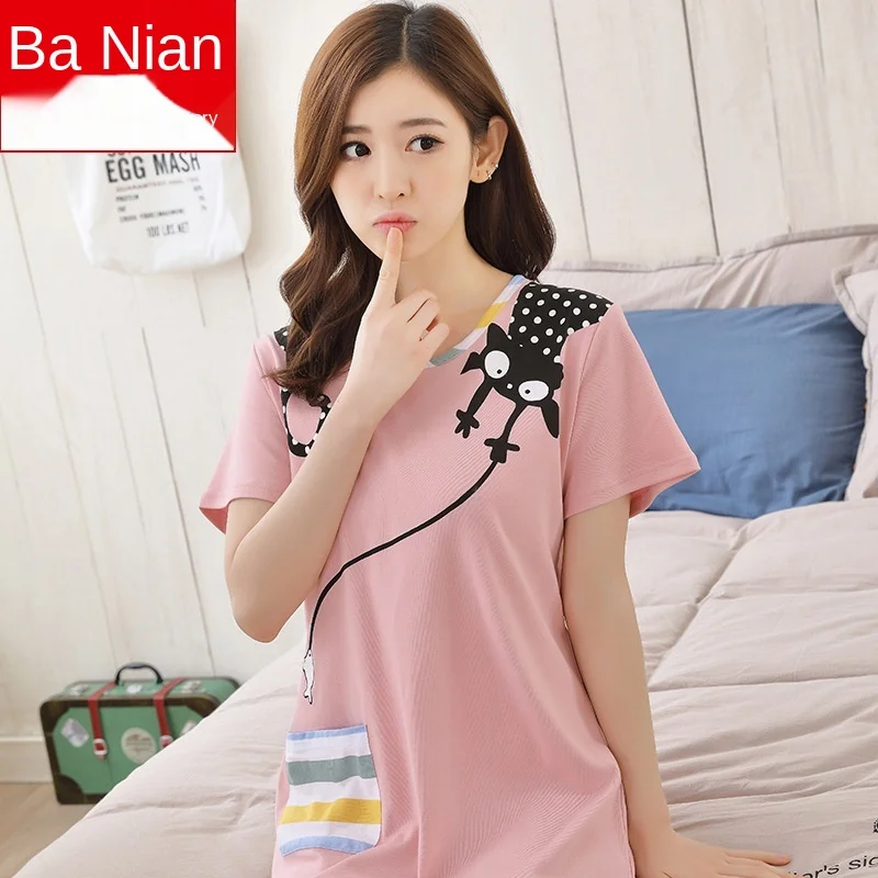 Korean Cotton Nightdress Women's Short Sleeve Summer Thin Medium Long Large Nightgown Sweet Lovely Home Wear Sleepwear