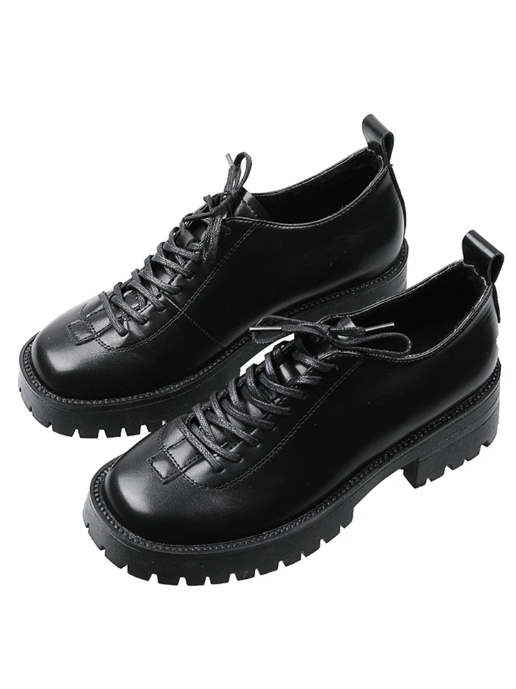 

Women's leather shoes 2020 winter new lace-up thick heel platform simple elegant comfortable round toe shoes