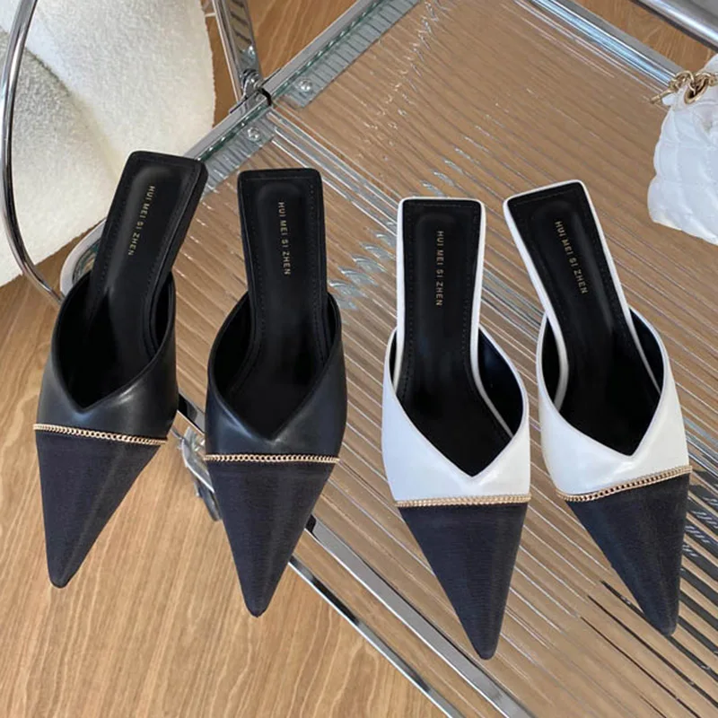 

Мюли женские на тонком каблуке 3 см, роскошные брендовые элегантные шлепанцы, с закрытым носком, сандалии-слайды, праздничная обувь, белые, ...