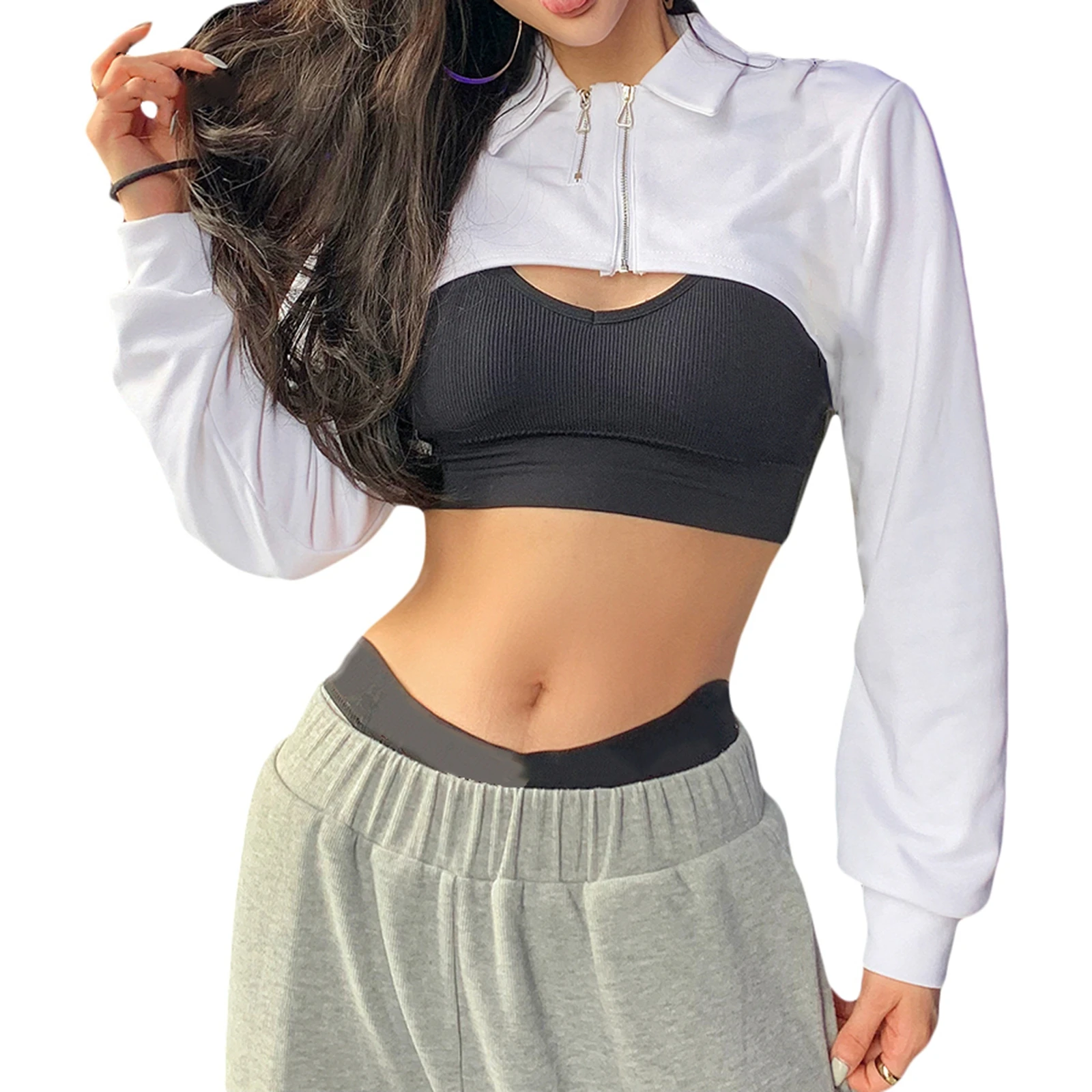

Women Navel Long Sleeves with Zipper Decoration,2021 Autumn New Fashion Casual Sexy Style Elastic Cuffs Spring Clothing