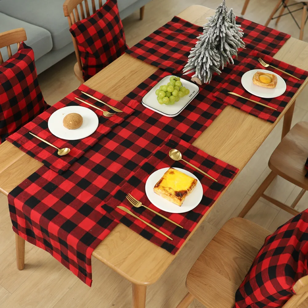 

Black Red Buffalo Check Placemats Sets 4PCS Christmas Table Clothes Decorative Check Tablecloth For Xmas Dining Home Decoration