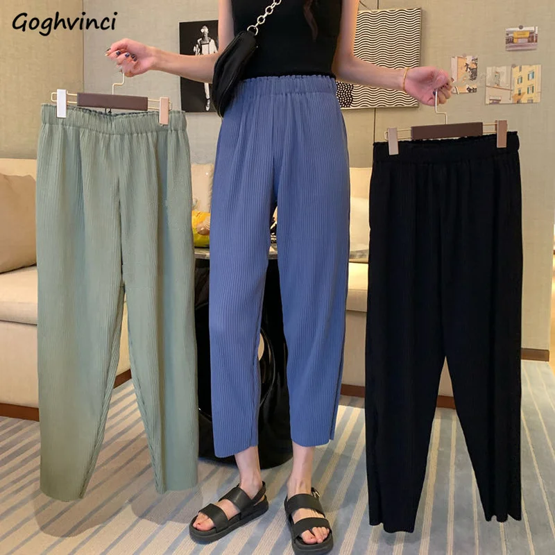 

Casual Pants Women Soft Thin All-match Solid Minimalist Elastic Waist Ankle-length Trousers Female Leisure Ins Stylish Summer
